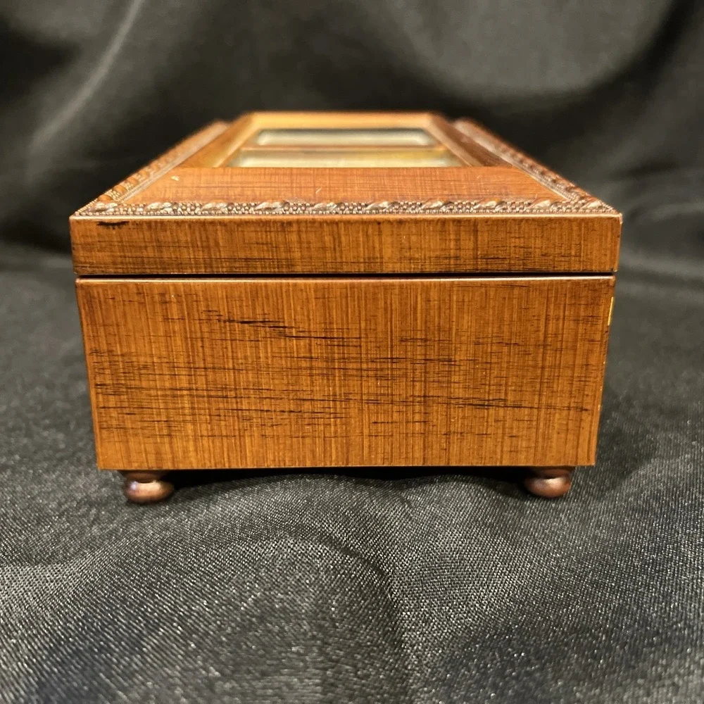 Wooden Music Musical Jewelry Box Glass Picture frame  Hinged Lid Sankyo Movement